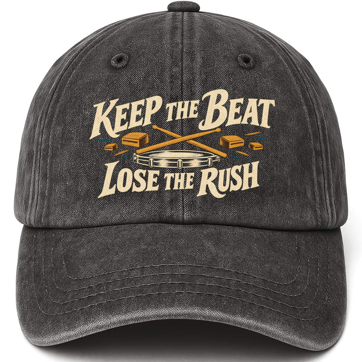 Black vintage washed cap with Keep The Beat. Lose The Rush printed front design
