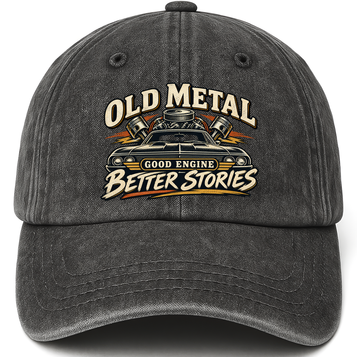Black vintage washed cap with Old Metal Good Engine Better Stories printed front design