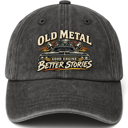 Black vintage washed cap with Old Metal Good Engine Better Stories printed front design