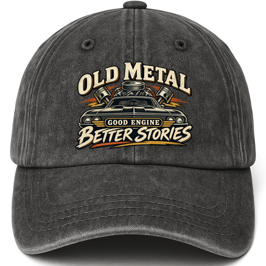 Black vintage washed cap with Old Metal Good Engine Better Stories printed front design