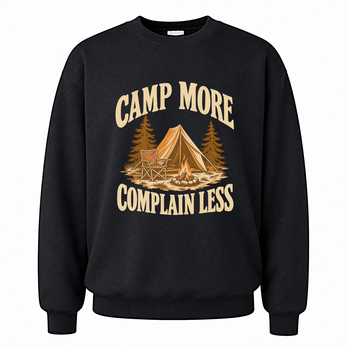 Black vintage sweatshirt with Camp More. Complain Less printed front design