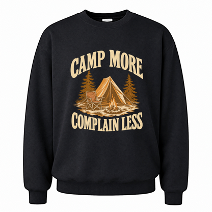Black vintage sweatshirt with Camp More. Complain Less printed front design