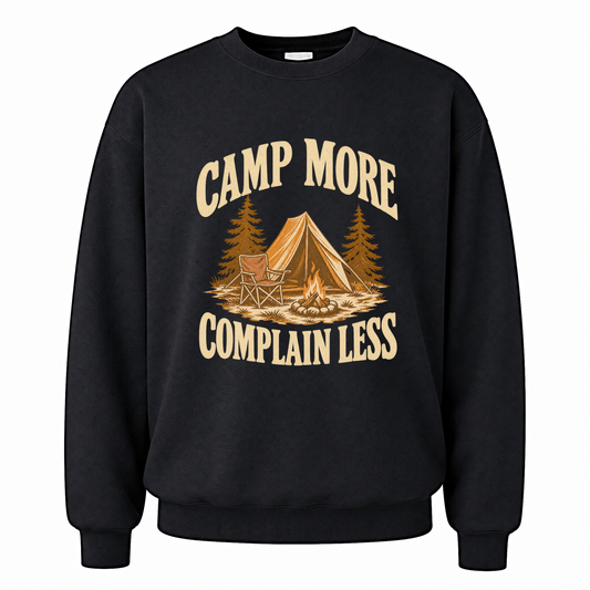 Black vintage sweatshirt with Camp More. Complain Less printed front design