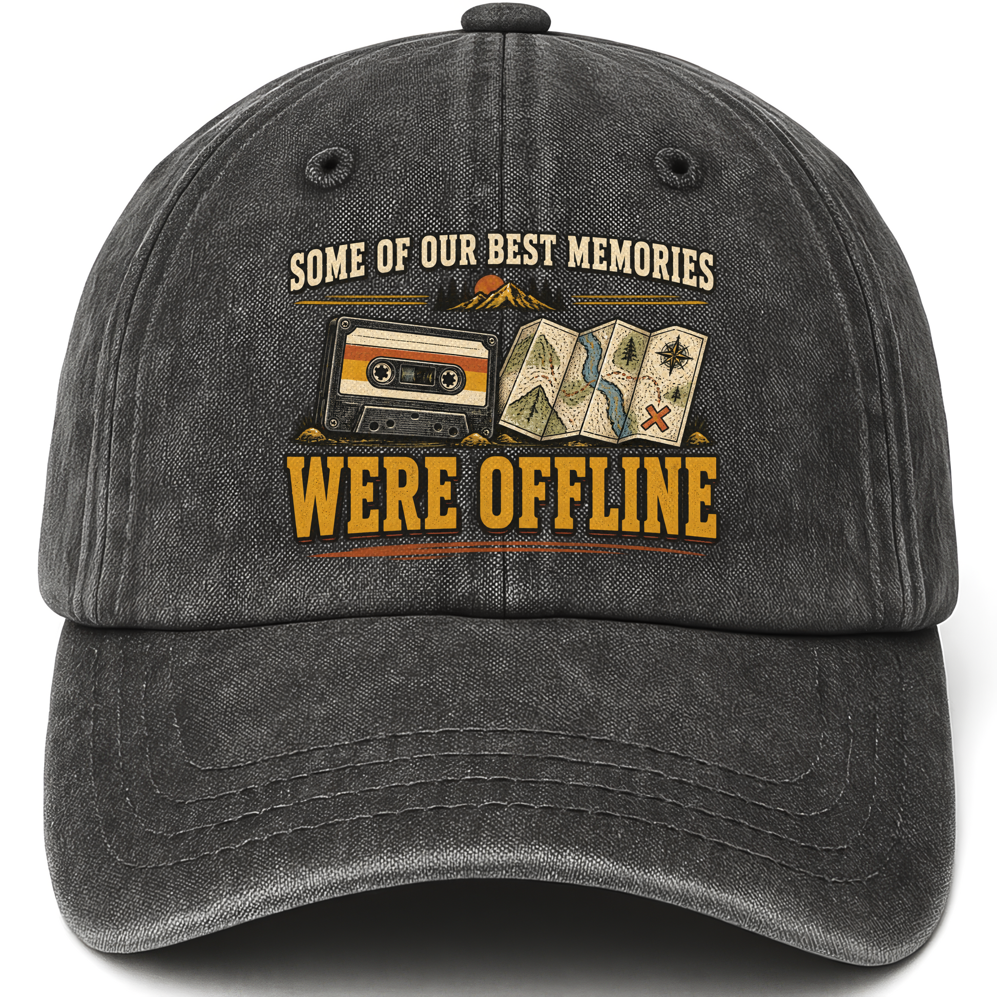 Black vintage washed cap with Some Of Our Best Memories Were Offline printed front design