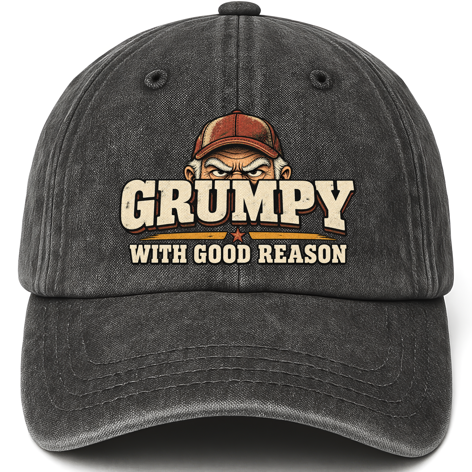 Black vintage washed cap with Grumpy With Good Reason printed front design