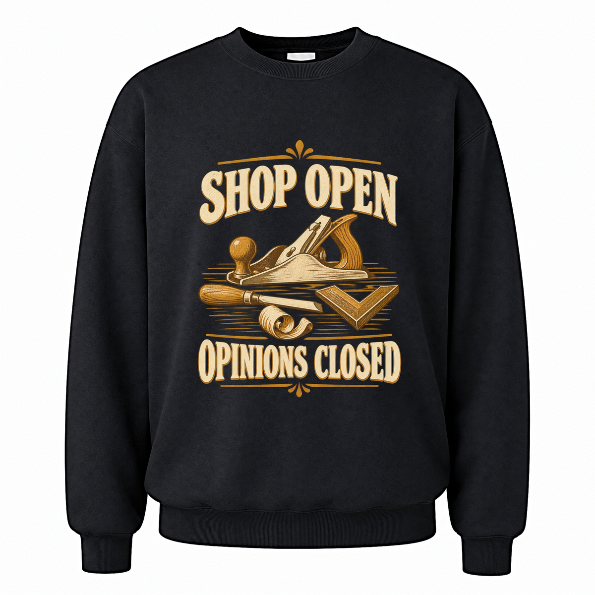 Black vintage sweatshirt with Shop Open Opinions Closed printed front design
