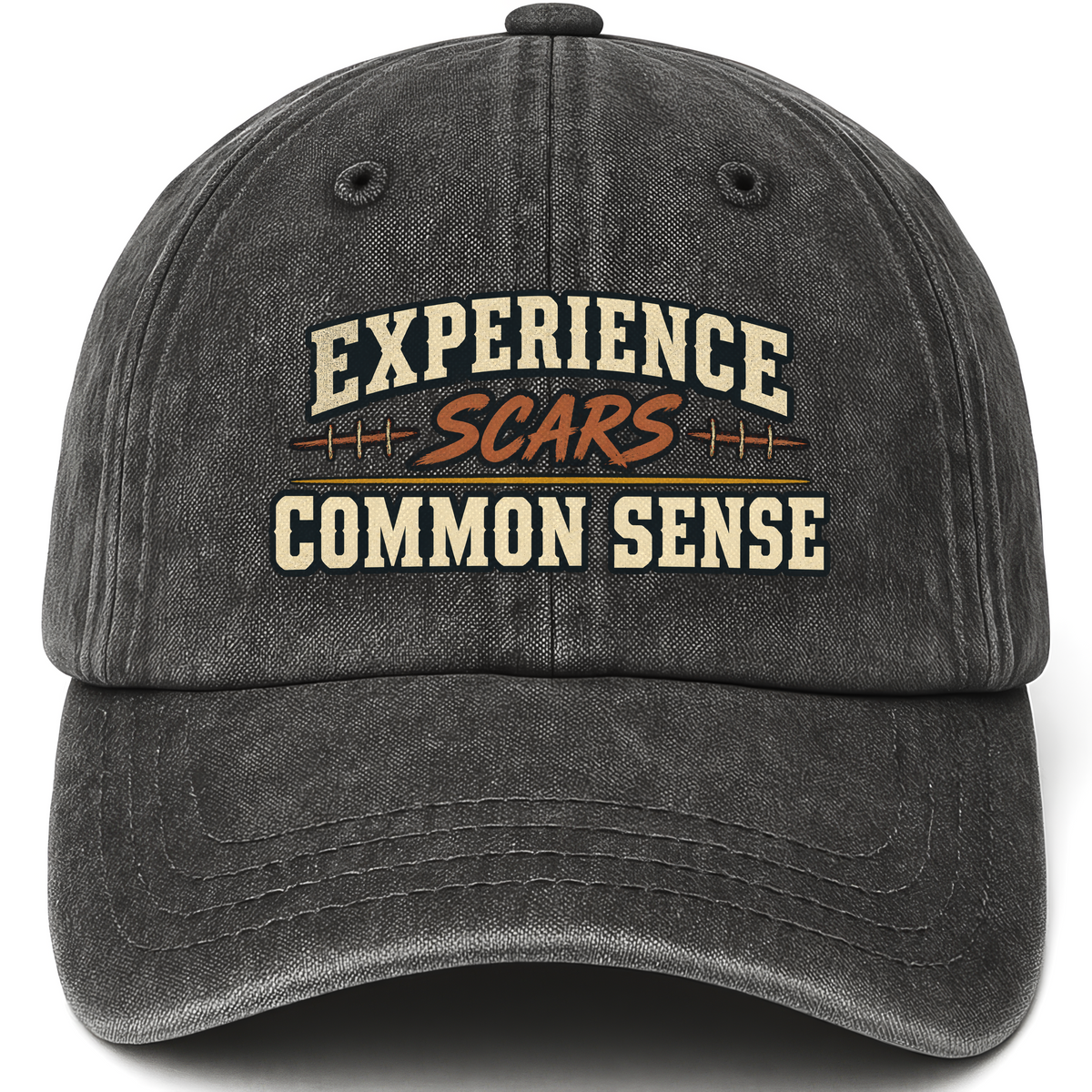 Black vintage washed cap with Experience Scars. Common Sense printed front design