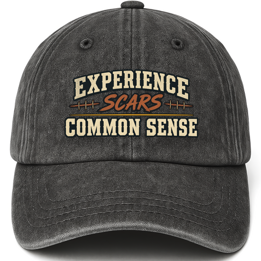 Black vintage washed cap with Experience Scars. Common Sense printed front design