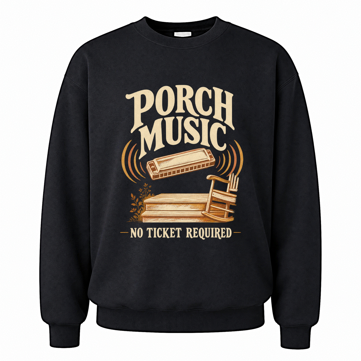 Black vintage sweatshirt with Porch Music. No Ticket Required printed front design