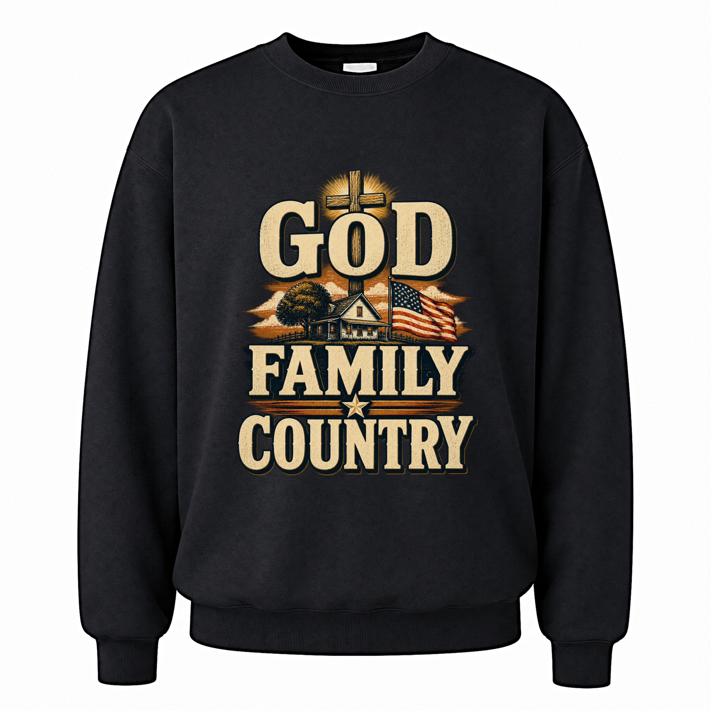 Black vintage sweatshirt with God Family Country printed front design