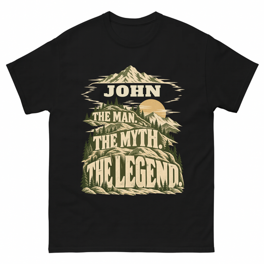 Black vintage t-shirt with Your Name The Man The Myth The Legend Mountain printed front design