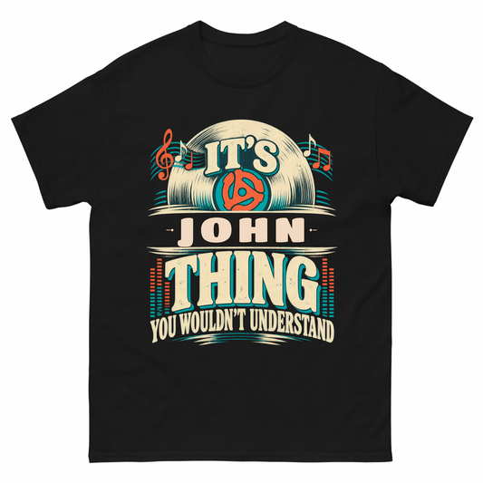 Black vintage t-shirt with It's Your Name Thing printed front design