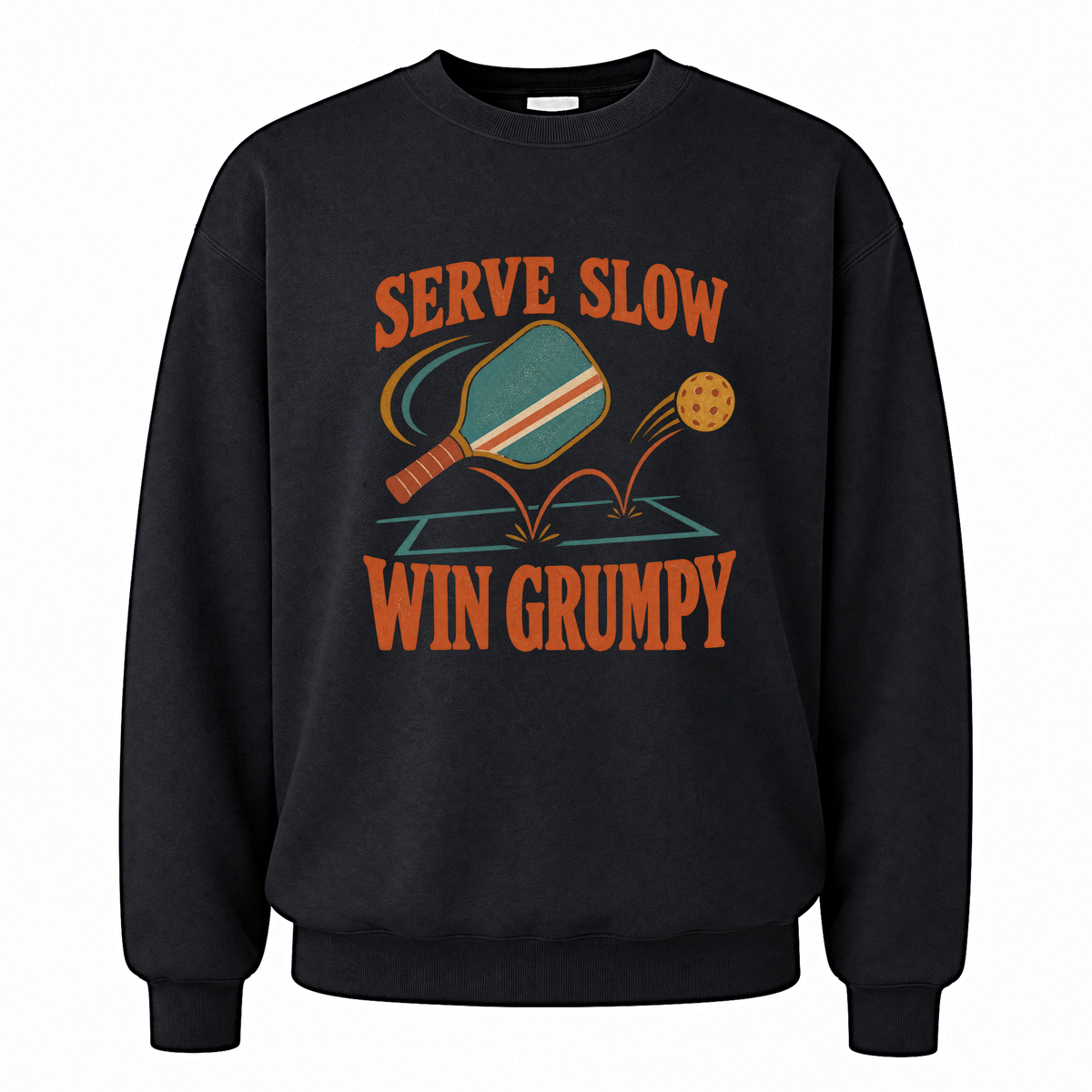 Black vintage sweatshirt with Serve Slow Win Grumpy printed front design