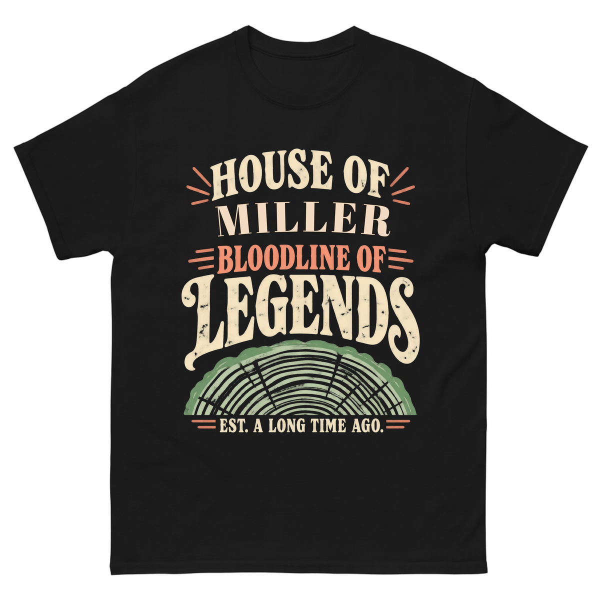 Black vintage t-shirt with House Of Your Family Name Bloodline Of Legends Tree Rings printed front design