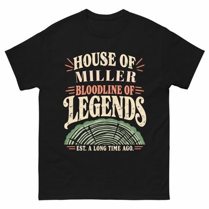 Black vintage t-shirt with House Of Your Family Name Bloodline Of Legends Tree Rings printed front design