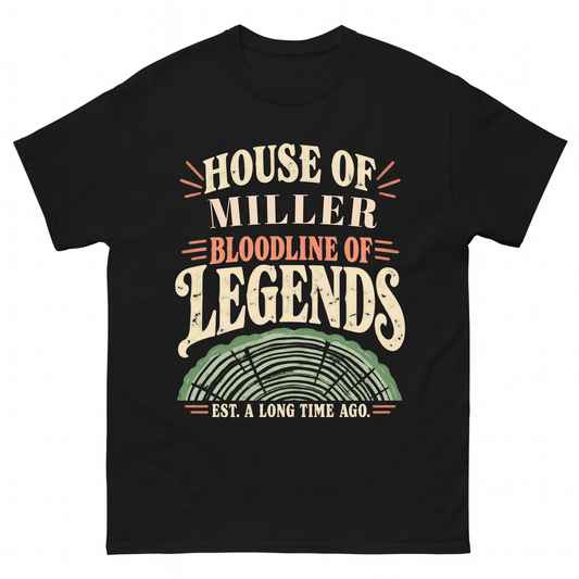 Black vintage t-shirt with House Of Your Family Name Bloodline Of Legends Tree Rings printed front design