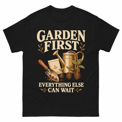 Black vintage t-shirt with Garden First. Everything Else Can Wait printed front design
