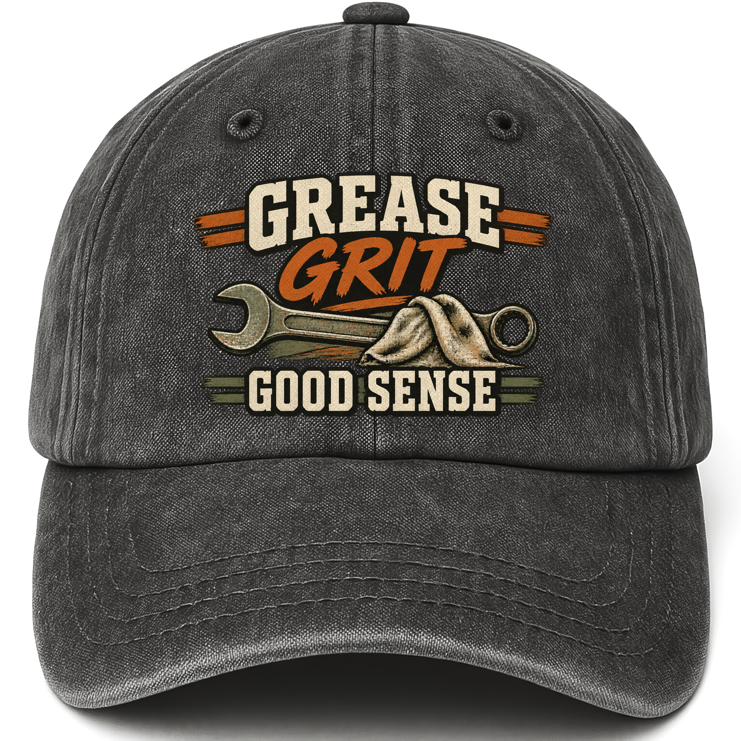 Black vintage washed cap with Grease Grit Goodsense printed front design