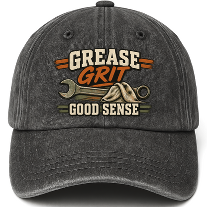 Black vintage washed cap with Grease Grit Goodsense printed front design
