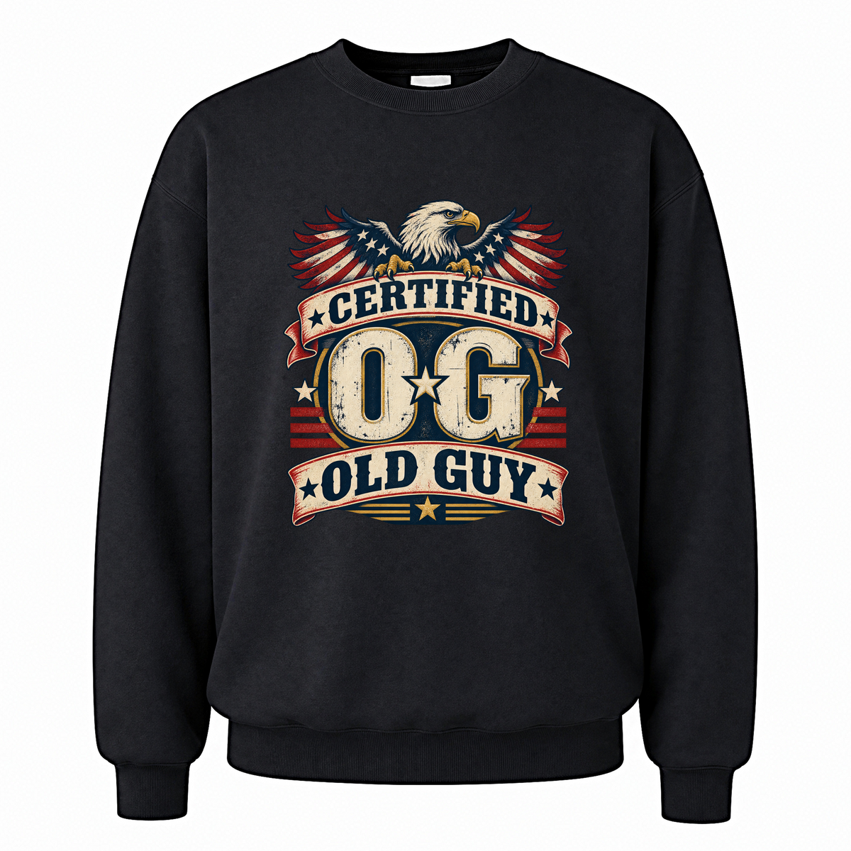 Black vintage sweatshirt with Certified OG Old Guy printed front design