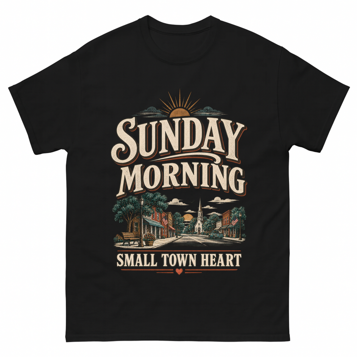 Black vintage t-shirt with Sunday Morning Small Town Heart printed front design