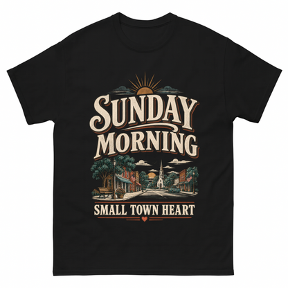 Black vintage t-shirt with Sunday Morning Small Town Heart printed front design
