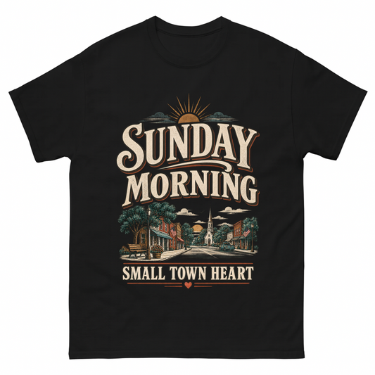Black vintage t-shirt with Sunday Morning Small Town Heart printed front design