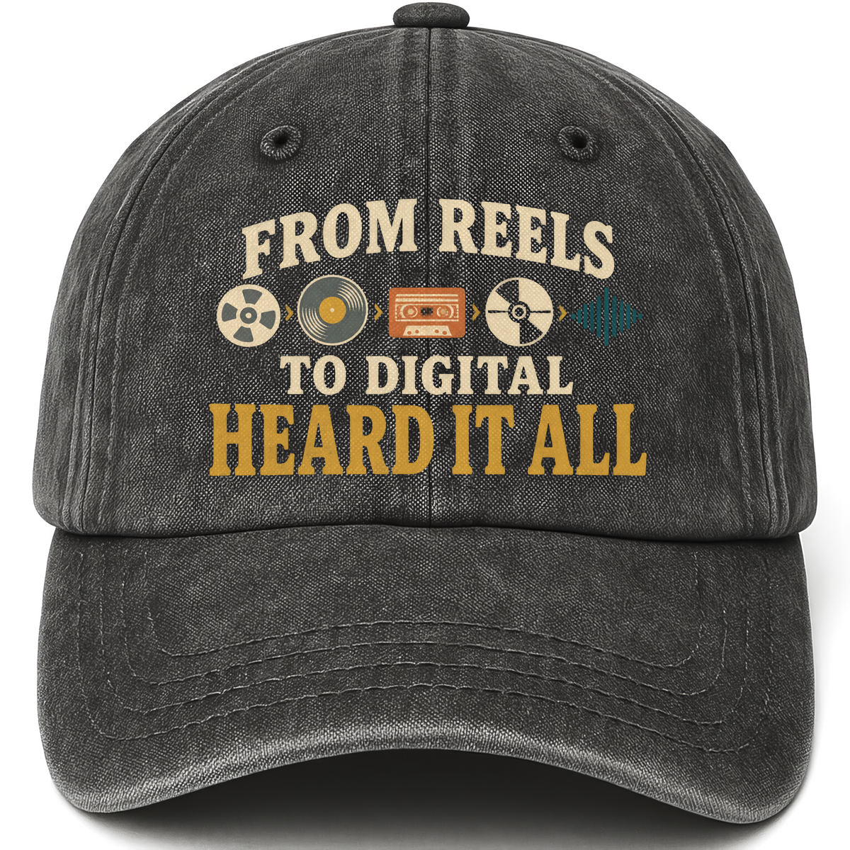 Black vintage washed cap with From Reels To Digital Heard It All printed front design