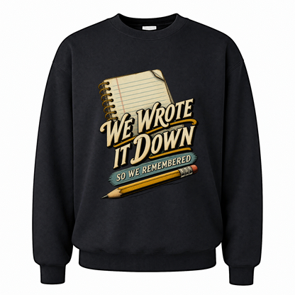 Black vintage sweatshirt with We Wrote It Down So We Remembered printed front design