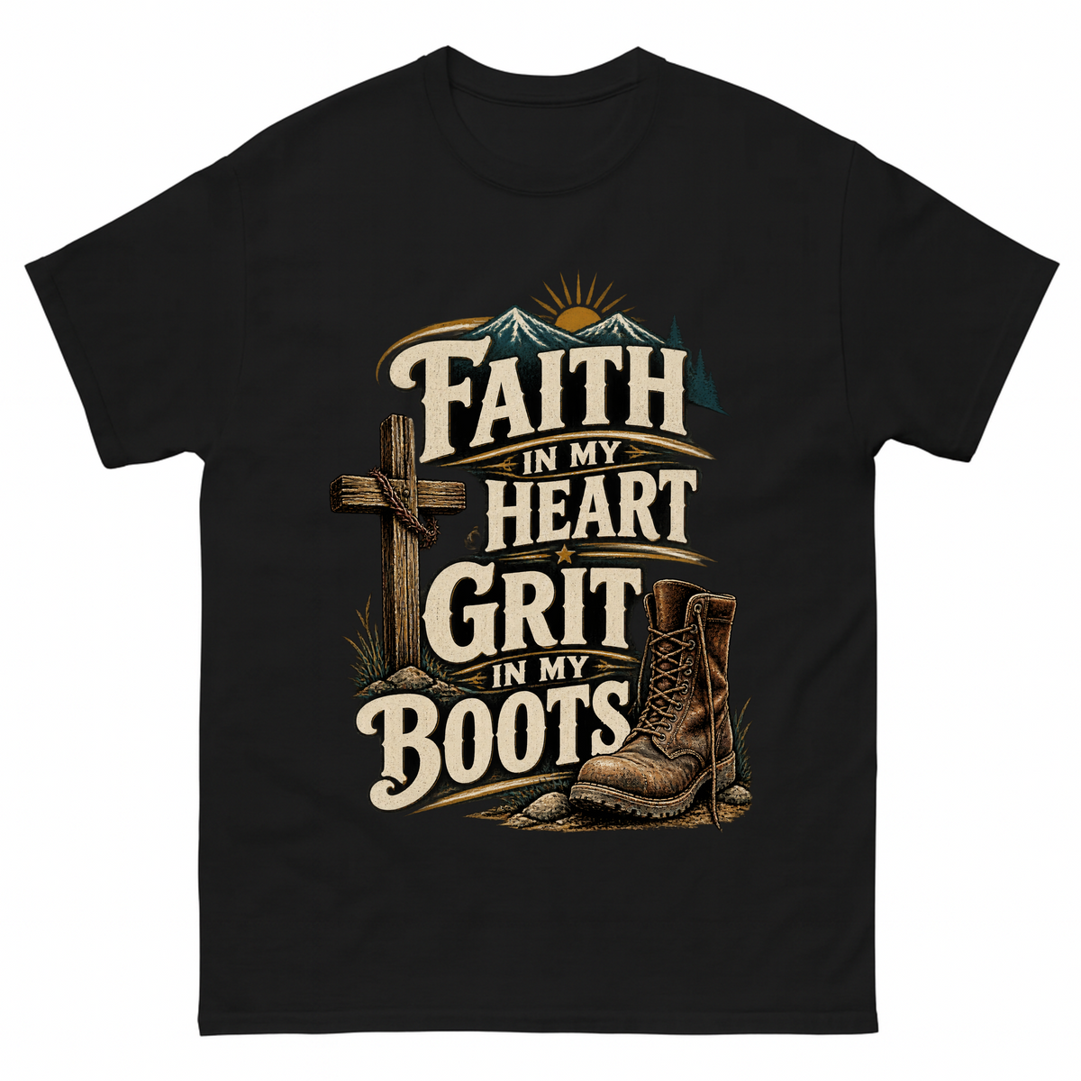 Black vintage t-shirt with Faith In My Heart Grit In My Boots printed front design