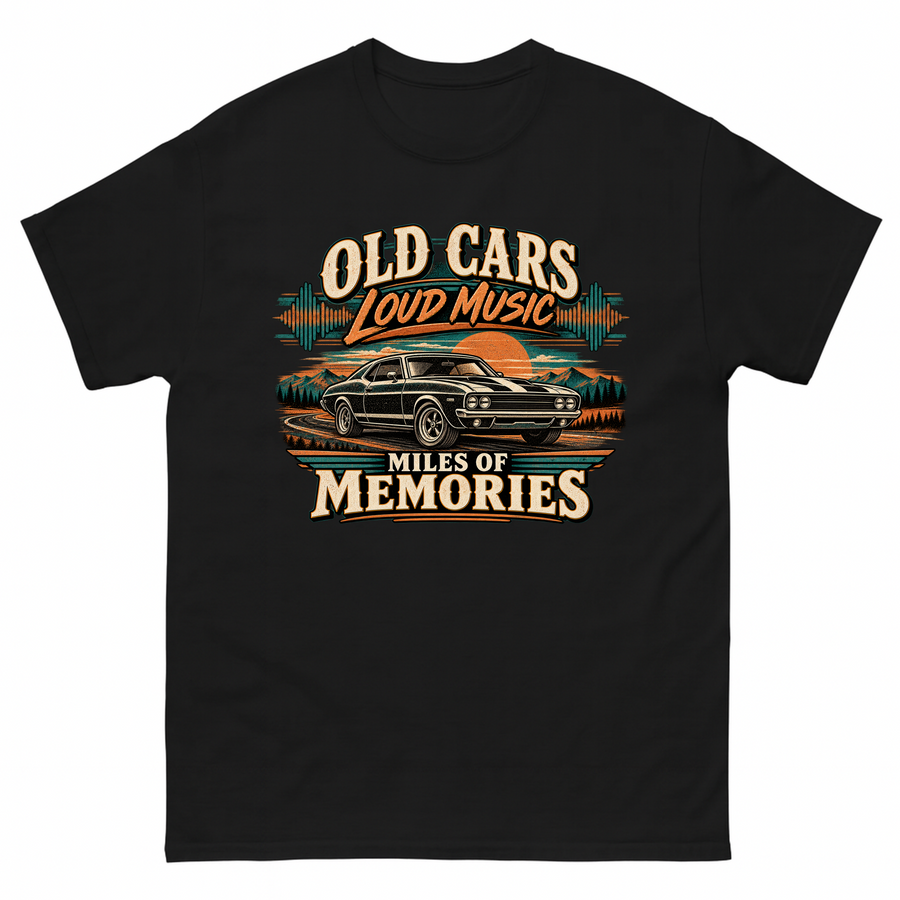 Black vintage t-shirt with Old Cars. Loud Music. Miles Of Memories printed front design
