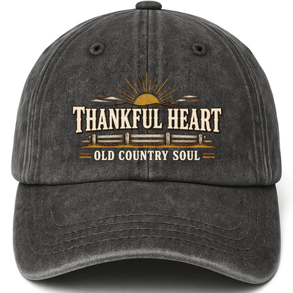 Black vintage washed cap with Thankful Heart Old Country Soul printed front design