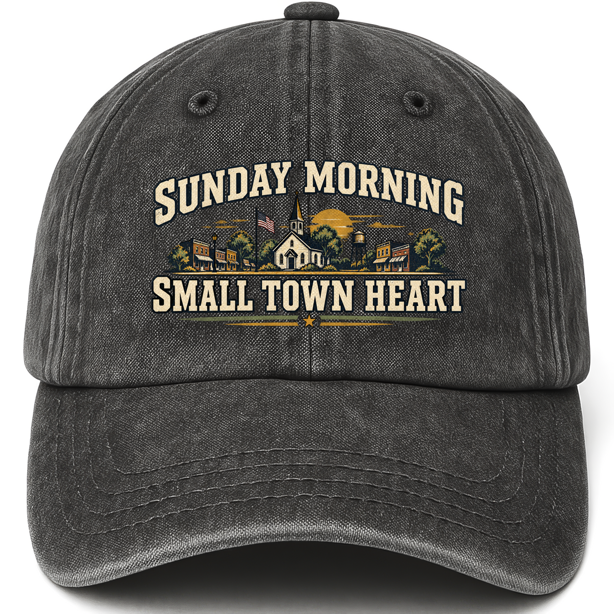 Black vintage washed cap with Sunday Morning Small Town Heart printed front design