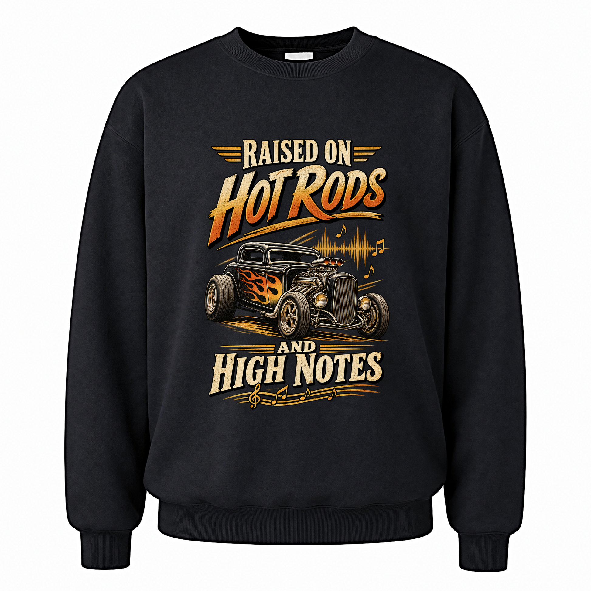 Black vintage sweatshirt with 36 hot rods and high notes ideogram 4x printed front design