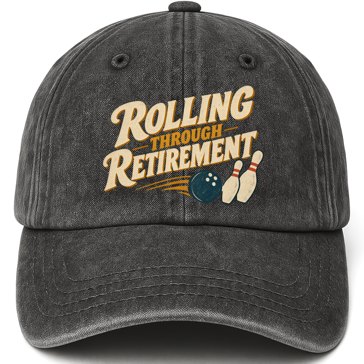 Black vintage washed cap with Rolling Through Retirement printed front design