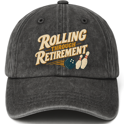 Black vintage washed cap with Rolling Through Retirement printed front design