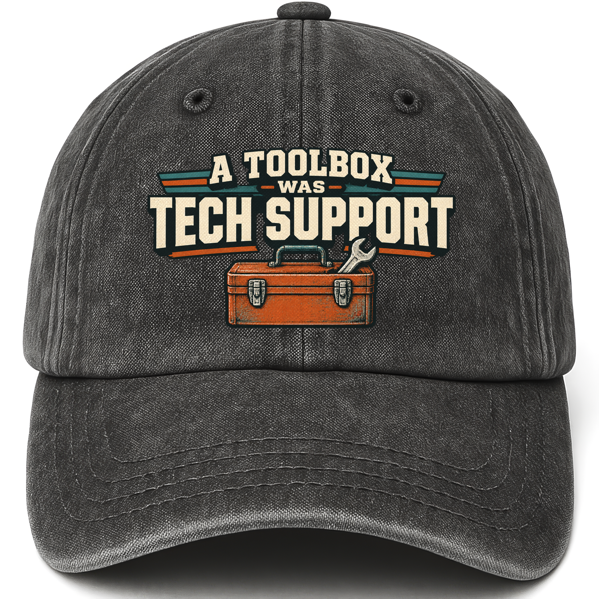 Black vintage washed cap with A Toolbox Was Tech Support printed front design