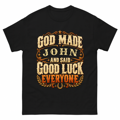 Black vintage t-shirt with God Made Your Name And Said Good Luck Western printed front design