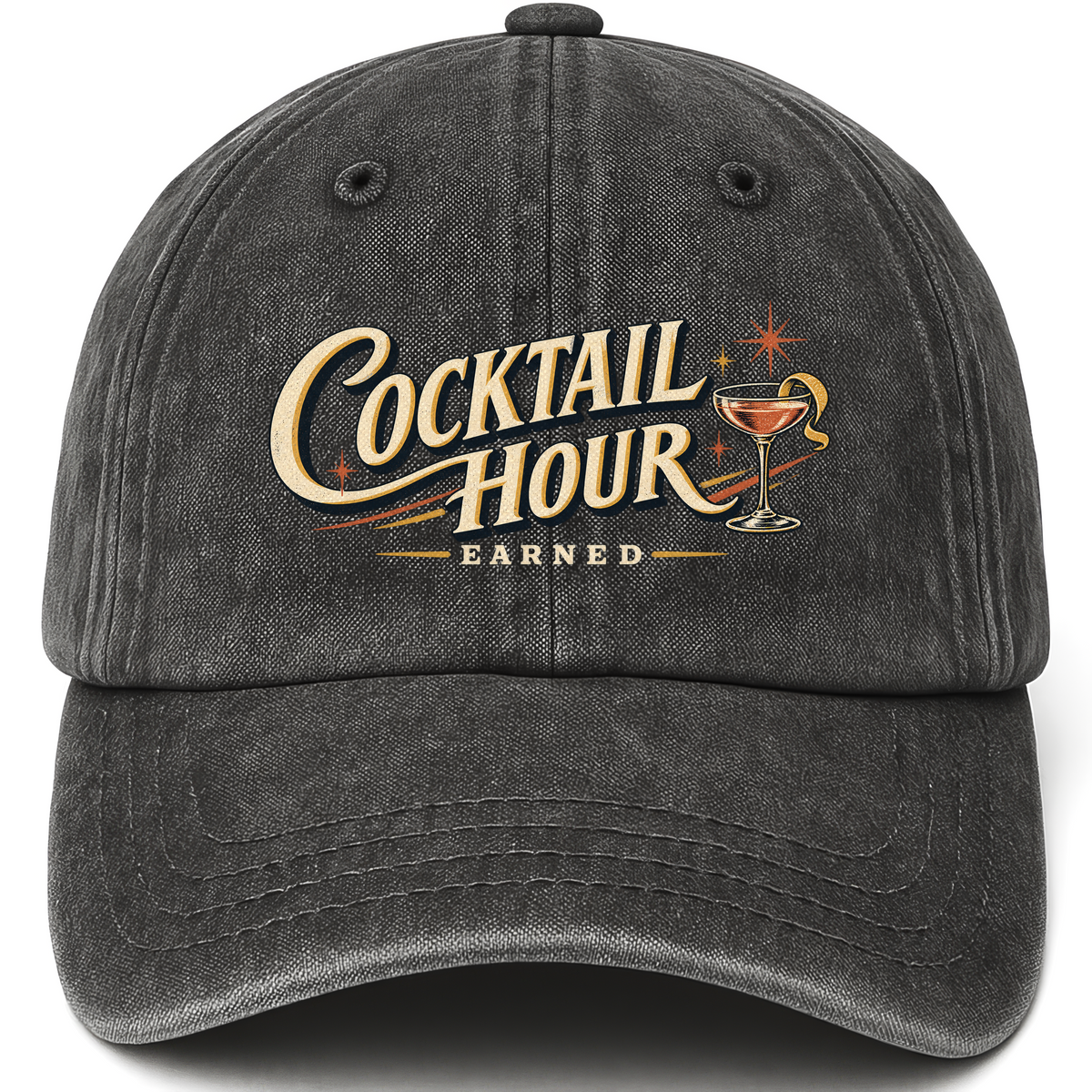 Black vintage washed cap with Cocktail Hour Earned printed front design