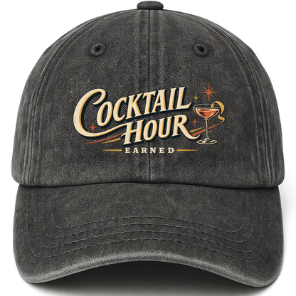 Black vintage washed cap with Cocktail Hour Earned printed front design
