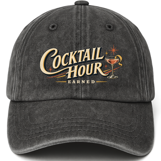 Black vintage washed cap with Cocktail Hour Earned printed front design