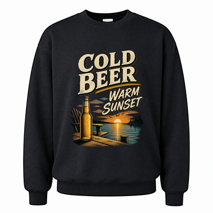 Black vintage sweatshirt with Cold Beer. Warm Sunset printed front design