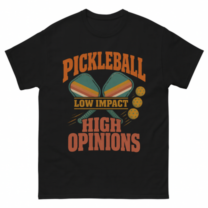 Black vintage t-shirt with Pickleball Low Impact. High Opinions printed front design