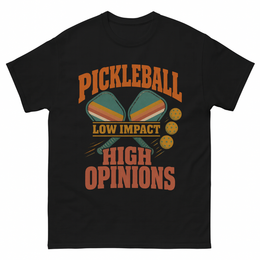 Black vintage t-shirt with Pickleball Low Impact. High Opinions printed front design