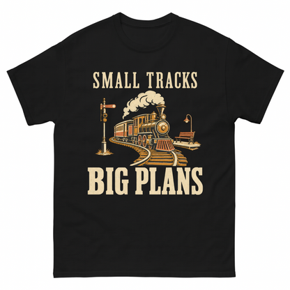 Black vintage t-shirt with Small Tracks Big Plans printed front design
