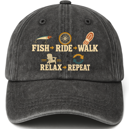 Black vintage washed cap with Fish Ride Walk Relax Repeat printed front design
