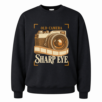 Black vintage sweatshirt with Old Camera. Sharp Eye printed front design