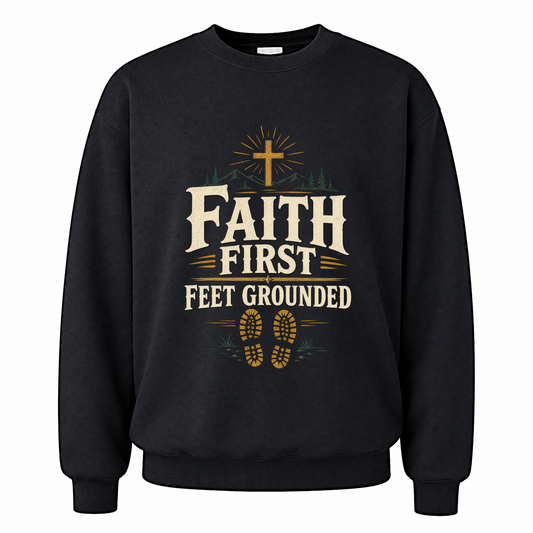 Black vintage sweatshirt with Faith First Feet Grounded printed front design