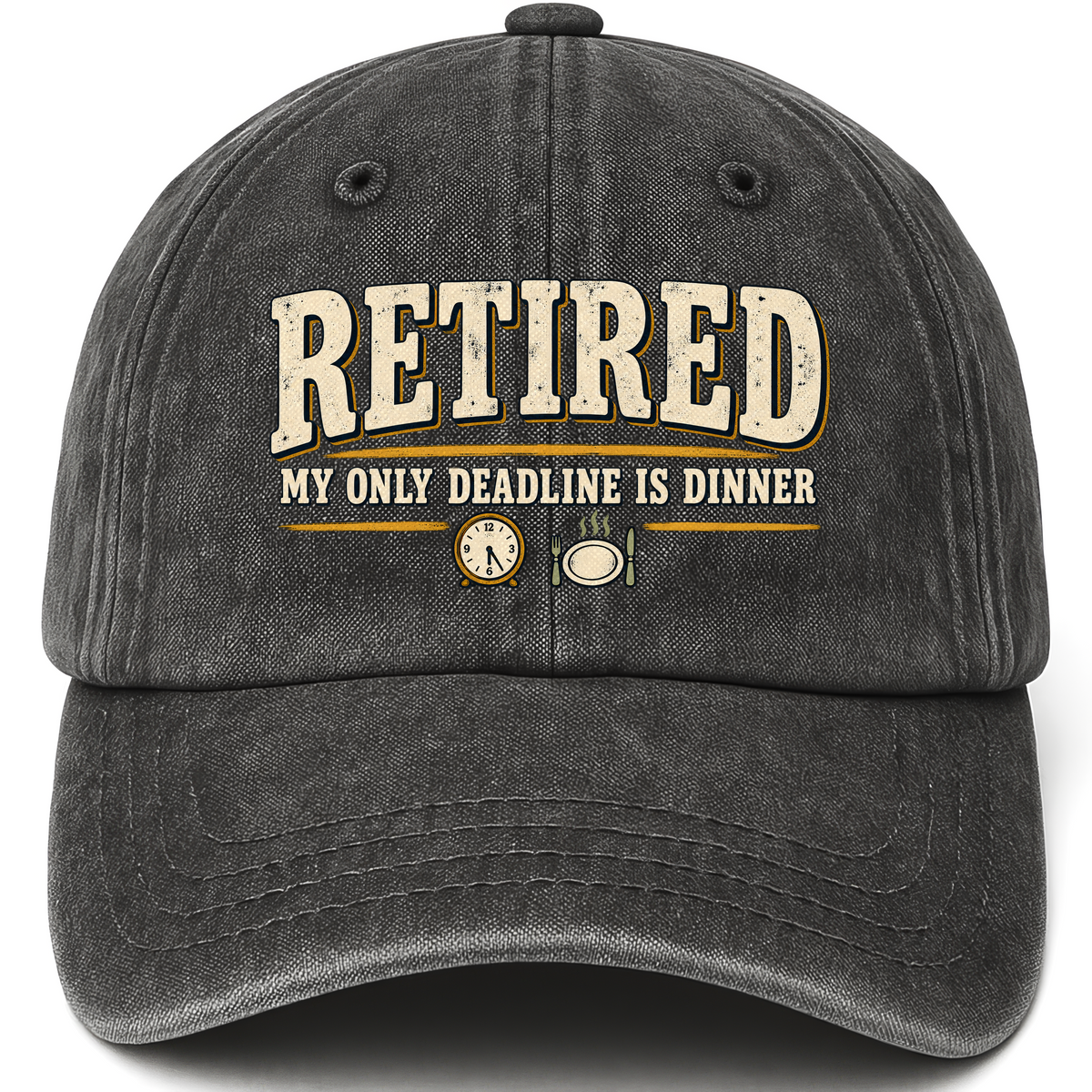 Black vintage washed cap with My Only Deadline Is Dinner printed front design