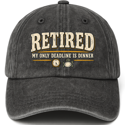 Black vintage washed cap with My Only Deadline Is Dinner printed front design